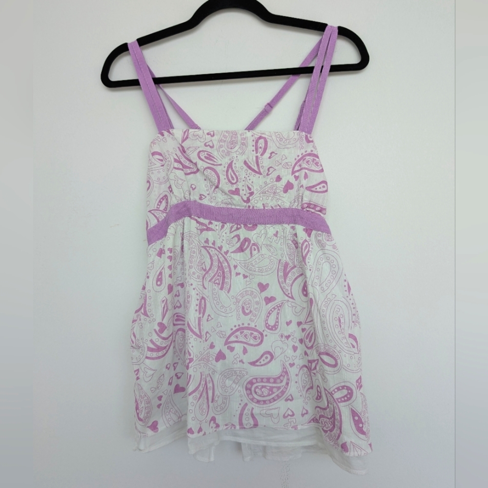 Y2K Babydoll Volcom Strappy Split Back Purple White Paisley Tank Top Sz Y2K L